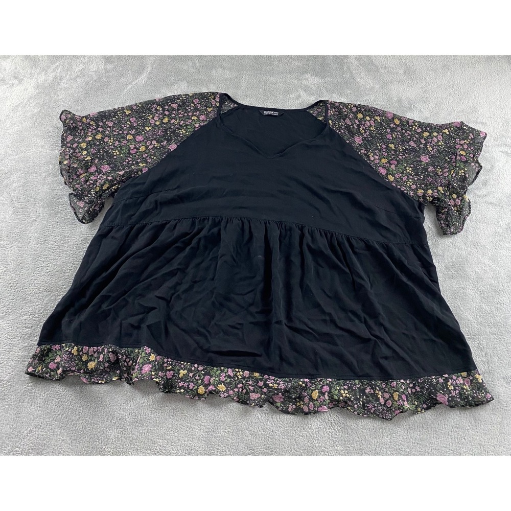 Bloomchic Black Floral Babydoll Top V-Neck Flutter Sleeve Plus Size 22-24โ 3X 4X